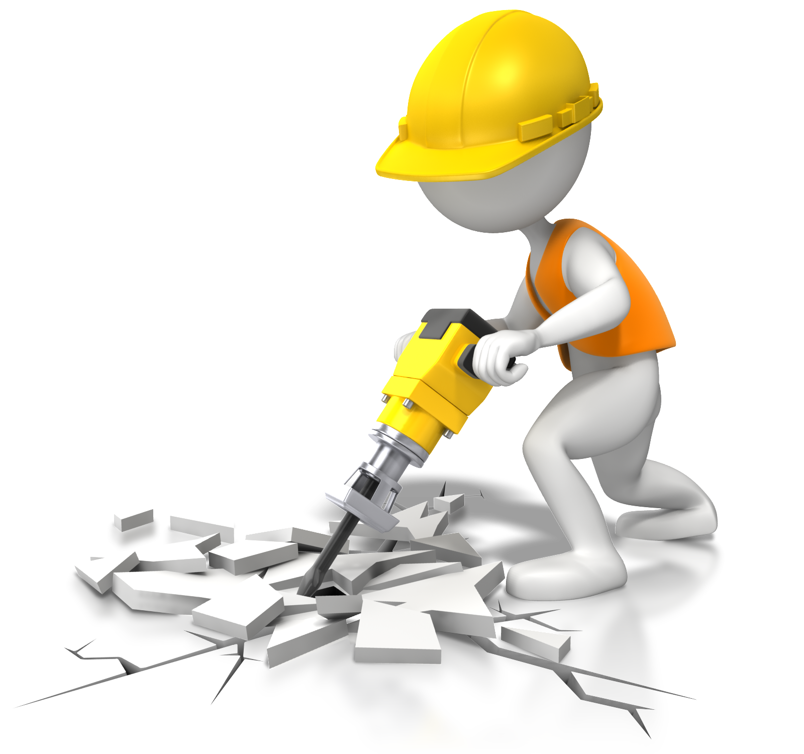 cartoon image of a construction worker with a jackhammer. The ground under the tip of the jackhammer is broken.